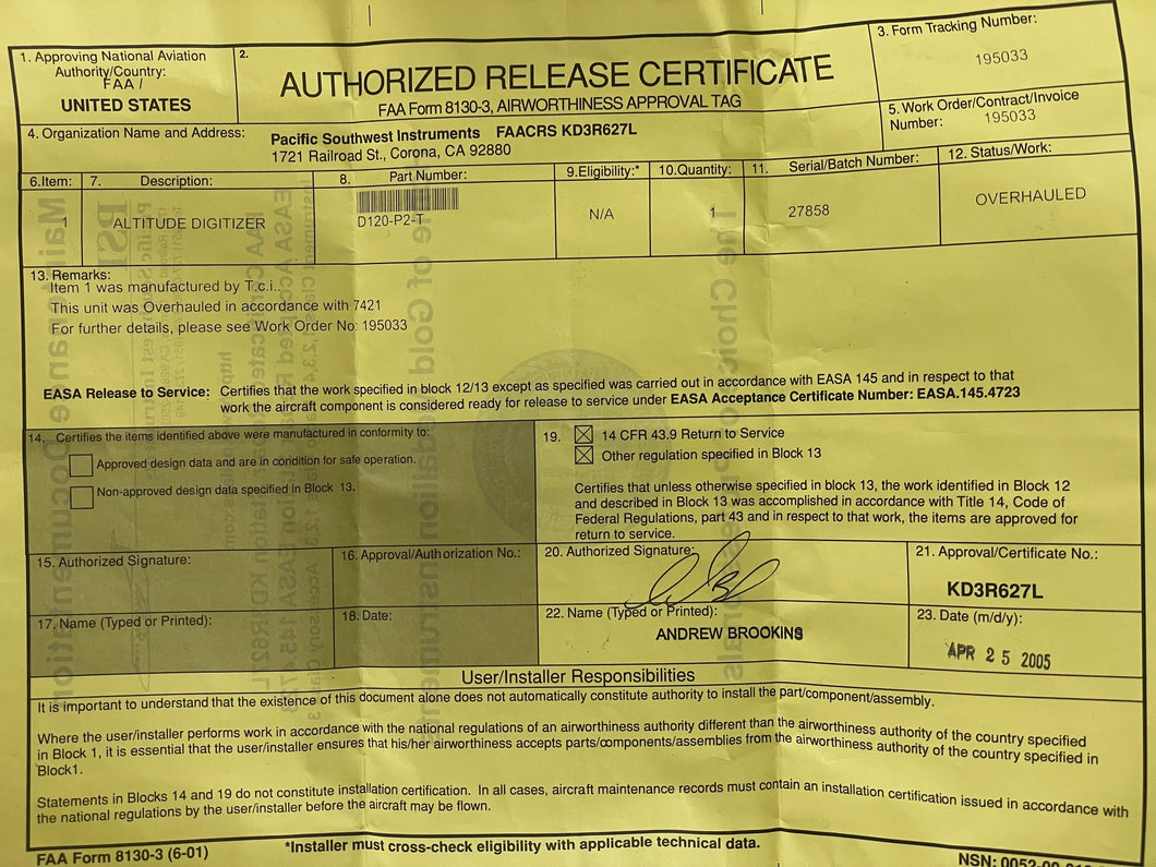 ALTITUDE DIGITIZE P/N D120-P2-T