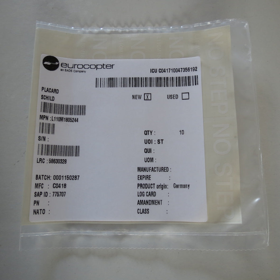 PLACARD P/N L110M1805244